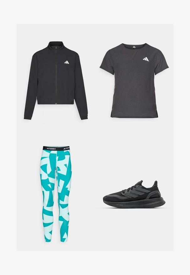adidas Performance TRAIN ESSENTIALS 3 STRIPES WARM UP - Spordijakk - black/white; Lühikese varrukaga sportlik T-särk, tumehall, perforatsiooni tekstuuriga. Omab valget logo ja kontrastset külgtriipu. Ümar kaelus.; Türkiissinised legginsid, millel on abstraktsed valged ja tealiksinised geomeetrilised mustrid. Valmistatud venivast materjalist, musta TERREX logo vöökoha tõttu.; Mustad mustossid võrkkattega, tekstuursete paneelidega, kolme triibuga detailiga ja kaarekujulise tallaga, millel on silt "LIGHT BOOST."