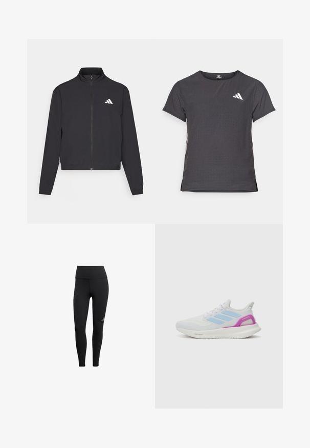 adidas Performance ESSENTIALS 3 STRIPES czarny; Koszulka sportowa z krótkim rękawem, ciemnoszara z perforowaną teksturą. Posiada białe logo oraz kontrastowe paski po bokach. Okrągły dekolt.; Czarne legginsy wykonane z elastycznego materiału, z wysokim stanem, eleganckim krojem i małym logo na dolnej części nogawki.; adidas Performance PUREBOOST 5 biały