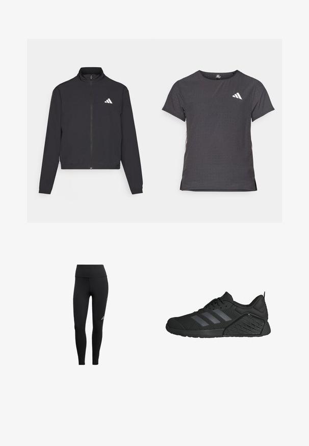 adidas Performance TRAIN ESSENTIALS 3 STRIPES WARM UP - Treningsjakke - black/white; Kortermet treningstrøye, mørkegrå med perforert tekstur. Har en hvit logo og kontrasterende side-striper. Rund halslinje.; Svart leggings laget av elastisk stoff, med høy midje, stilrent design og en liten logodetalj på den nedre delen av benet.; Svarte treningssko med mesh-overdel, med tre grå striper, en teksturert såle og en gummiyttersåle med et unikt mønster.