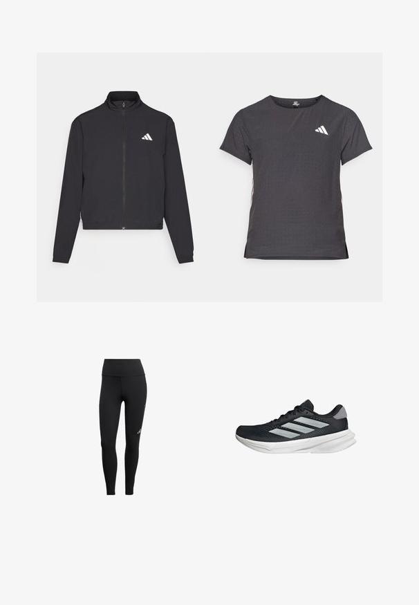 adidas Performance TRAIN ESSENTIALS 3 STRIPES WARM UP - Jakna za treniranje - black/white; Majica kratkih rukava za sport, tamno siva s perforiranim uzorkom. Ima bijeli logo i kontrastne bočne pruge. Zaobljeni izrez.; Crne tajice izrađene od rastezljivog materijala, karakterizirane visokim pojasom, elegantnim dizajnom i malim logotipom na donjem dijelu noge.; Crne trkačke tenisice s mrežastim gornjim dijelom, tri srebrne pruge, bijeli srednji sloj i teksturirani potplat. Sadrži podstavljeni ovratnik i zatvaranje s vezicama.