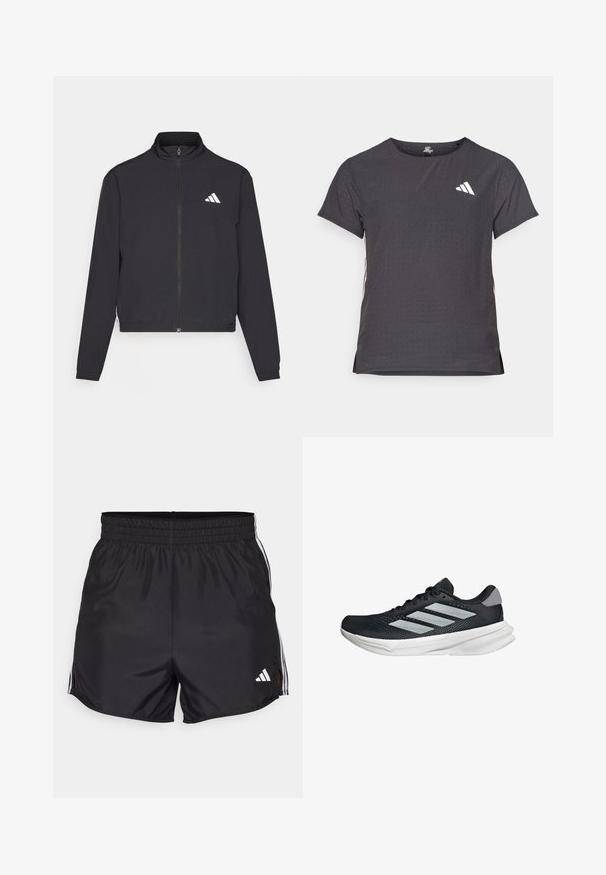 adidas Performance TRAIN ESSENTIALS 3 STRIPES WARM UP - Träningsjacka - black/white; Kortärmad atletisk t-shirt, mörkgrå med perforerad textur. Har en vit logotyp och kontrasterande sidostripes. Rundad halsringning.; Svarta träningsshorts med elastisk midja, sidoflikar och vita tre-stripes detaljer. Har en liten vit logotyp längst ner till höger.; Svart löparskor med meshtopp, tre silverränder, vit mellansula och strukturerad sula. Har vadderad krage och snörning.