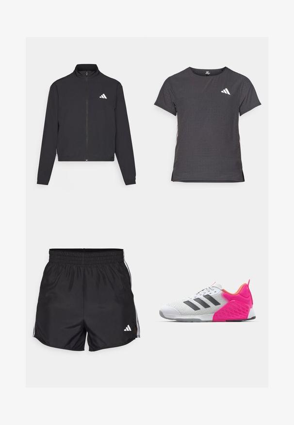 adidas Performance TRAIN ESSENTIALS 3 STRIPES WARM UP - Športna jakna/jopica - black/white; Kratka športna majica s kratkimi rokavi, temno siva z perforirano teksturo. Ima bel logotip in kontrastne stranske črte. Okrogel ovratnik.; Črne športne hlače z elastičnim pasom, stranskimi razporki in belimi tridelnimi poudarki. Značilna je majhna bela oznaka v spodnjem desnem kotu.; Bela športna čevelj z sivo črtami, mrežasto zgornjim delom in rožnato peto ter dodatki. Ima teksturirano peto in gumijastim podplatom. Čipke in oblazinjen ovratnik.