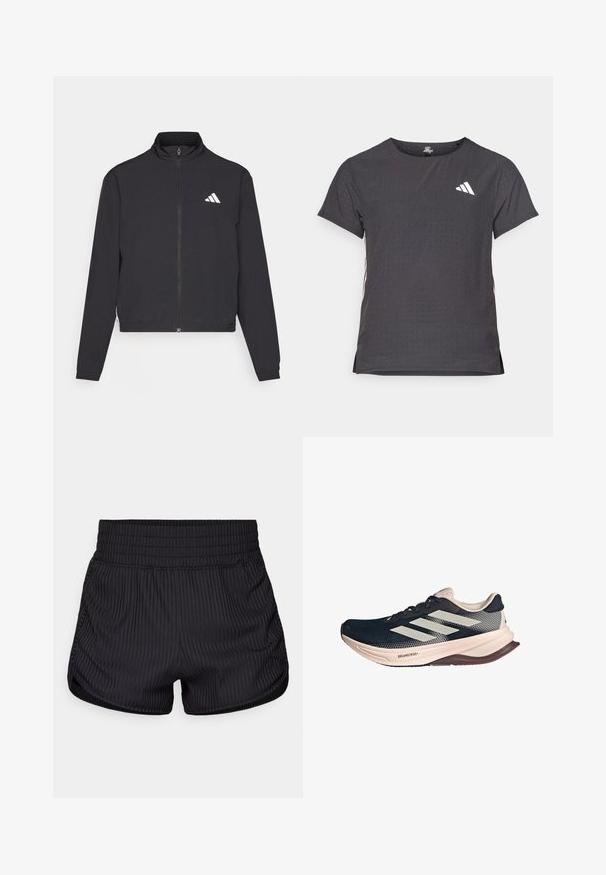 adidas Performance TRAIN ESSENTIALS 3 STRIPES WARM UP - Chaqueta de entrenamiento - black/white; Camiseta atlética de manga corta, gris oscuro con textura perforada. Presenta un logo blanco y rayas laterales en contraste. Escote redondeado.; Pantalones cortos deportivos negros con textura acanalada, cinturilla elástica y dobladillos curvados. Diseño sencillo, adecuado para deportes o uso casual.; Zapatilla de running con una parte superior de malla azul oscura, suela beige claro y diseño de tres rayas blancas. Presenta una forma elegante y aerodinámica, y detalles texturizados.