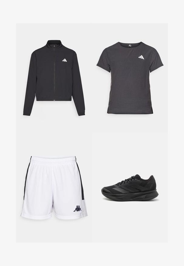 adidas Performance TRAIN ESSENTIALS 3 STRIPES WARM UP - Training jacket - black/white; Short-sleeve athletic t-shirt, dark gray with perforated texture. Features a white logo and contrasting side stripes. Rounded neckline.; White athletic shorts made of lightweight fabric, featuring black side panels and a small black logo on the lower left front.; Black running shoe with a breathable mesh upper, rounded toe, sleek design, textured accents, and a cushioned sole for comfort.