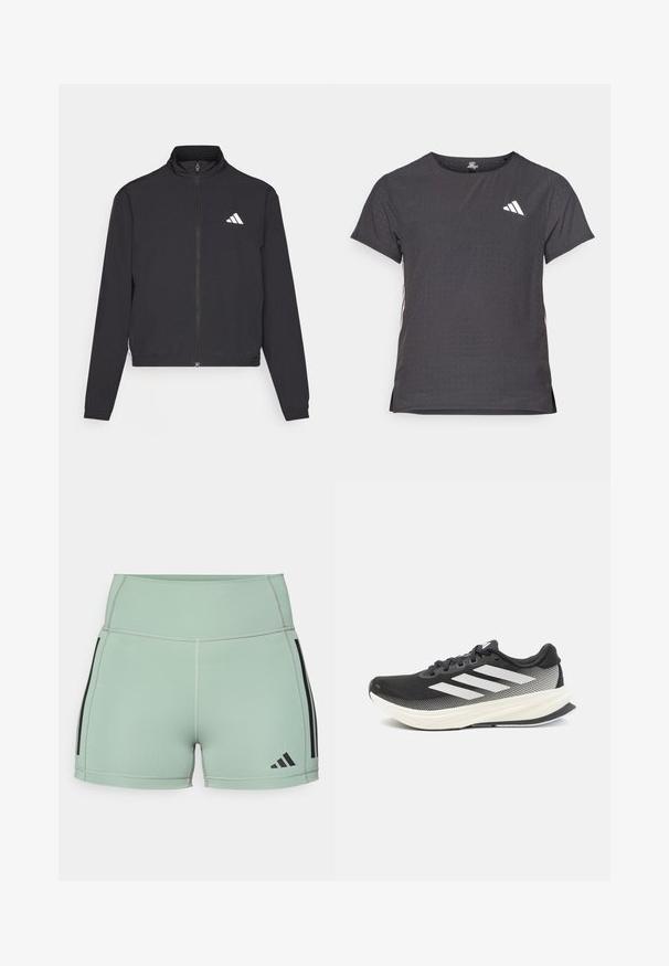 adidas Performance TRAIN ESSENTIALS 3 STRIPES WARM UP - Training jacket - black/white; Short-sleeve athletic t-shirt, dark gray with perforated texture. Features a white logo and contrasting side stripes. Rounded neckline.; Short athletic shorts in light mint green fabric, featuring black side stripes and logo, with flatlock seams for added comfort.; Black athletic shoe with mesh upper, white accents, and a thick white midsole. Features laces and a low-profile design.