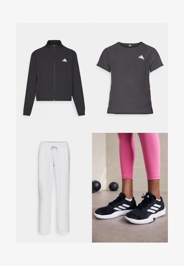 adidas Performance TRAIN ESSENTIALS 3 STRIPES WARM UP - Casaco de treino - black/white; T-shirt atlético de mangas curtas, cinza escuro com textura perfurada. Apresenta um logo branco e riscas laterais contrastantes. Decote arredondado.; Calças de fato brancas, de perna reta, com cintura elástica, cordão e uma textura subtil. Apresentam um pequeno logótipo do lado esquerdo.; Sapatos de treino pretos com riscas brancas, parte superior em malha texturizada e sola branca. Usados com leggings cor-de-rosa, destacando roupa de treino.