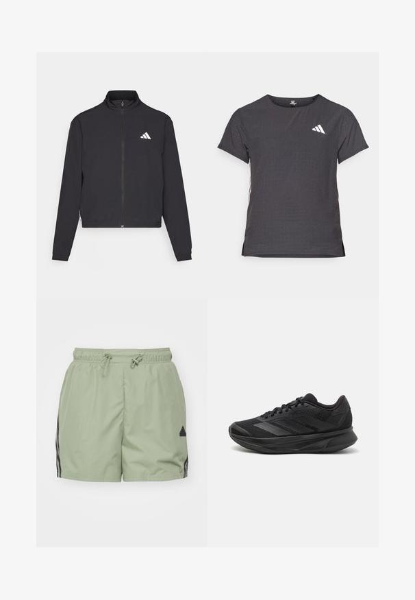 adidas Performance TRAIN ESSENTIALS 3 STRIPES WARM UP - Jakna za treniranje - black/white; Majica kratkih rukava za sport, tamno siva s perforiranim uzorkom. Ima bijeli logo i kontrastne bočne pruge. Zaobljeni izrez.; adidas Sportswear FUTURE ICONS THREE STRIPES SHORT - Sportske kratke hlače - tent green; Crne trkaće tenisice s prozračnom mrežastom gornjom konstrukcijom, zaobljenim prstima, elegantnim dizajnom, teksturiranim detaljima i mekanim potplatom za udobnost.