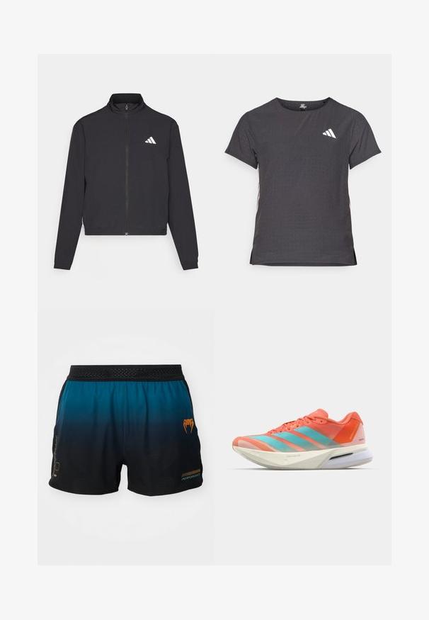 adidas Performance TRAIN ESSENTIALS 3 STRIPES WARM UP - Jakna za treniranje - black/white; Majica kratkih rukava za sport, tamno siva s perforiranim uzorkom. Ima bijeli logo i kontrastne bočne pruge. Zaobljeni izrez.; Muške atletske kratke hlače u gradijentu od tirkizne do crne, sa mrežastim pojasom, narančastim logom i teksturiranim uzorkom.; Tenisice za trčanje s prozračnom mrežicom u koraljnoj i akvamarin boji, sa tri pruge, podloženim đonom i elegantnim dizajnom.