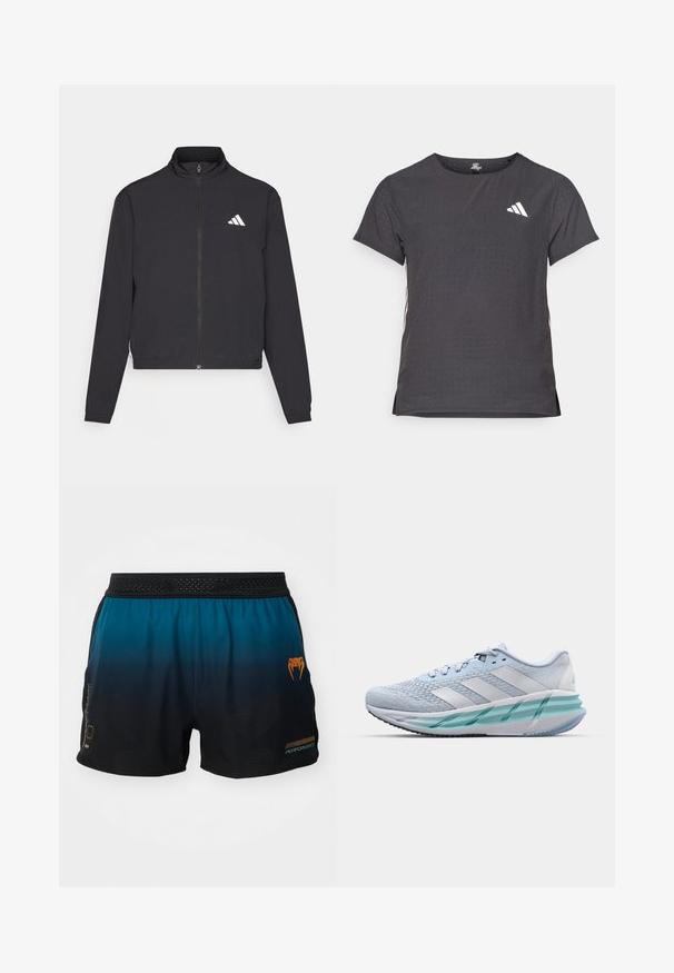 adidas Performance TRAIN ESSENTIALS 3 STRIPES WARM UP - Športna jakna/jopica - black/white; Kratka športna majica s kratkimi rokavi, temno siva z perforirano teksturo. Ima bel logotip in kontrastne stranske črte. Okrogel ovratnik.; Moške športne kratke hlače v prehodu od teal do črne, z mrežnim pasom, oranžnimi logotipskimi poudarki in strukturiranim vzorcem.; Svetlo modri športni čevlji z teksturiranim pletenim zgornjim delom, belimi akcenti in prozornim zelenim srednjim podplatom. Okrogla konica in oblazinjen ovratnik.