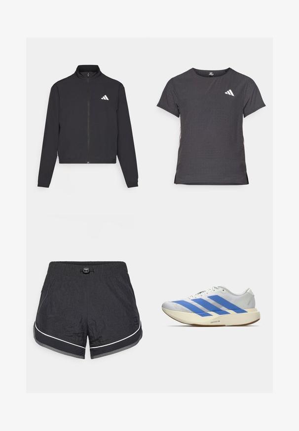 adidas Performance TRAIN ESSENTIALS 3 STRIPES WARM UP - Treningsjakke - black/white; Kortermet treningstrøye, mørkegrå med perforert tekstur. Har en hvit logo og kontrasterende side-striper. Rund halslinje.; Svart treneringsshorts laget av lett, teksturert stoff; har en hvit aksentstripe, elastisk midjebånd og justerbar snor.; Hvit atletisk sko med blå striper, strukturert overdel, flat såle og "LIGHTSTRIKE PRO" merkevare på siden. Lavprofil design.