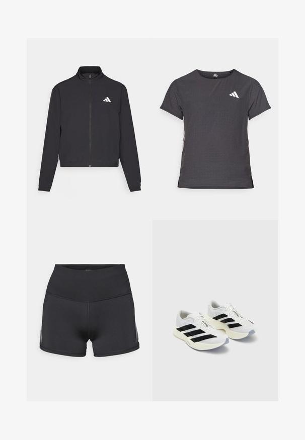 adidas Performance ESSENTIALS 3 STRIPES czarny; Koszulka sportowa z krótkim rękawem, ciemnoszara z perforowaną teksturą. Posiada białe logo oraz kontrastowe paski po bokach. Okrągły dekolt.; Czarne sportowe szorty z wysokim stanem, wykonane z elastycznego materiału. Posiadają białe paski po bokach oraz płaskie szwy dla komfortu.; Białe buty sportowe z czarnymi paskami i logo, z siateczkową cholewką, zaokrąglonym noskiem i grubą kremową podeszwą dla amortyzacji.