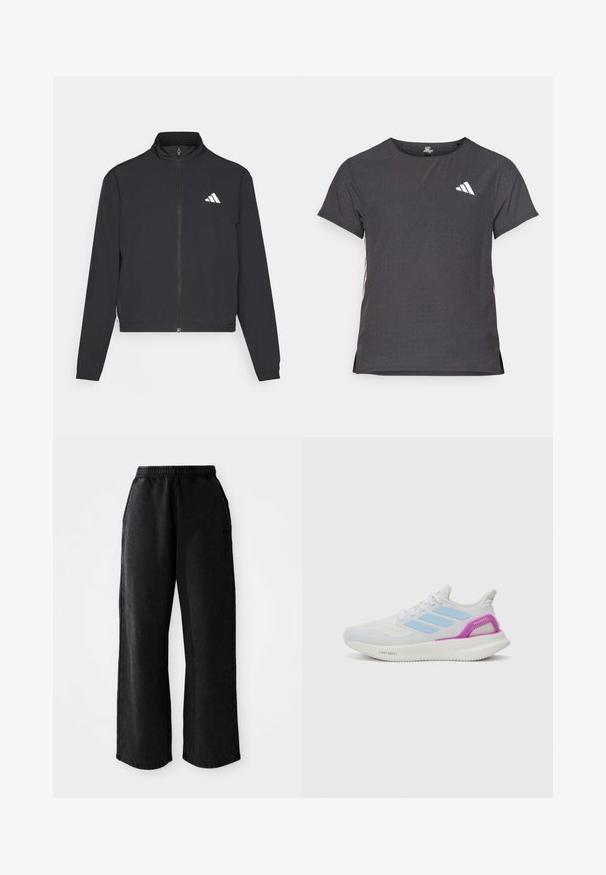 adidas Performance TRAIN ESSENTIALS 3 STRIPES WARM UP - Casaco de treino - black/white; T-shirt atlético de mangas curtas, cinza escuro com textura perfurada. Apresenta um logo branco e riscas laterais contrastantes. Decote arredondado.; Calças jogger em denim preto com uma cintura elástica, pernas largas e bolsos laterais. Apresentam uma textura suave e costuras em contraste.; adidas Performance PUREBOOST 5 - Sapatos para corrida em estrada - white/glow blue/purple burst