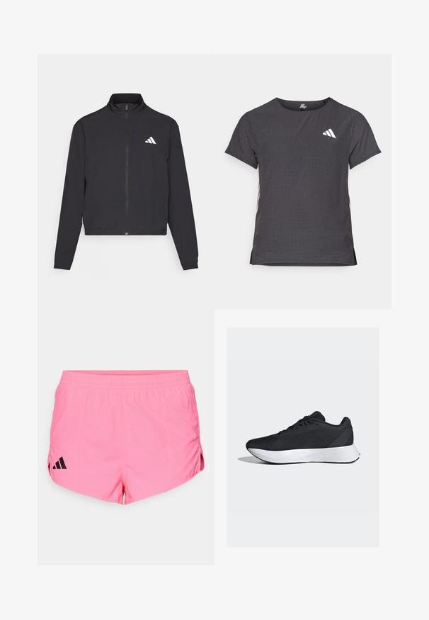 adidas Performance TRAIN ESSENTIALS 3 STRIPES WARM UP - Trainingsjacke - black/white; Kurze Ärmel Sport-T-Shirt, dunkelgrau mit durchbrochener Textur. Enthält ein weißes Logo und kontrastierende Seitenstreifen. Runder Ausschnitt.; Hellrosa Sportshorts mit einem schwarzen Adidas-Logo auf der linken Seite, ausgestattet mit einem elastischen Bund und seitlichen Schlitzen für mehr Flexibilität.; Schwarze Sportschuhe mit einem atmungsaktiven Mesh-Obermaterial, weißer Zwischensohle und elegantem, geschwungenem Design; ausgestattet mit Schnürsenkeln und einer robusten Gummisohle.