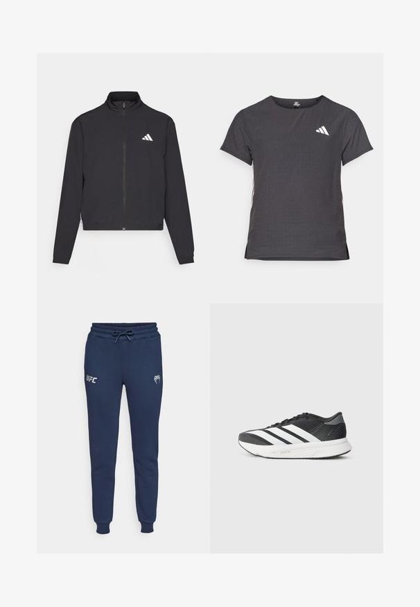 adidas Performance ESSENTIALS 3 STRIPES czarny; Koszulka sportowa z krótkim rękawem, ciemnoszara z perforowaną teksturą. Posiada białe logo oraz kontrastowe paski po bokach. Okrągły dekolt.; Granatowe dresy wykonane z miękkiego materiału, z wiązaniem w talii, ściągaczami na mankietach oraz nadrukowanym logo UFC po lewej stronie.; Czarna sportowa buty z białymi paskami, siateczkowa cholewka, amortyzowana podeszwa i smukły design. Akcenty szarości na pięcie i języku.