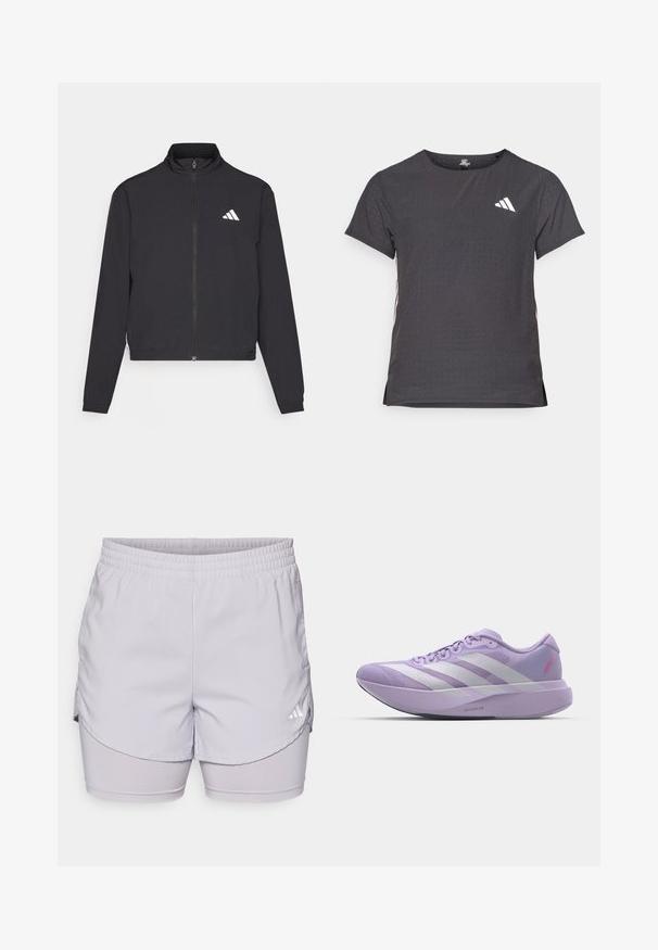 adidas Performance TRAIN ESSENTIALS 3 STRIPES WARM UP - Casaco de treino - black/white; T-shirt atlético de mangas curtas, cinza escuro com textura perfurada. Apresenta um logo branco e riscas laterais contrastantes. Decote arredondado.; adidas Performance W MIN 2IN1 SHO - Calções desportivos - glory grey; Sapatilha de corrida de cor lilás clara com parte superior em malha, design de três riscas brancas, acabamento texturizado e uma entressola espessa rotulada como "LIGHTSTRIKE PRO".