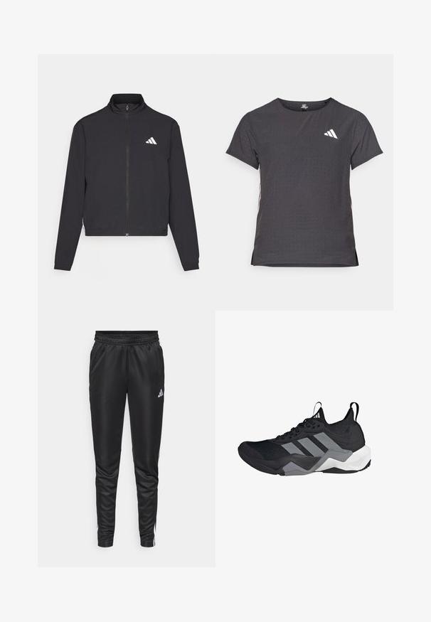 adidas Performance TRAIN ESSENTIALS 3 STRIPES WARM UP - Jakna za treniranje - black/white; Majica kratkih rukava za sport, tamno siva s perforiranim uzorkom. Ima bijeli logo i kontrastne bočne pruge. Zaobljeni izrez.; Crne sportske hlače od glatkog, laganog materijala, s elastičnom gumom u struku i bijelim bočnim prugama te malim logom na lijevom bedru.; Crne sportske tenisice s prozračnom mrežastom gornjom stranom, sivim naglascima, teksturiranim đonom i tri prepoznatljive pruge sa strane.