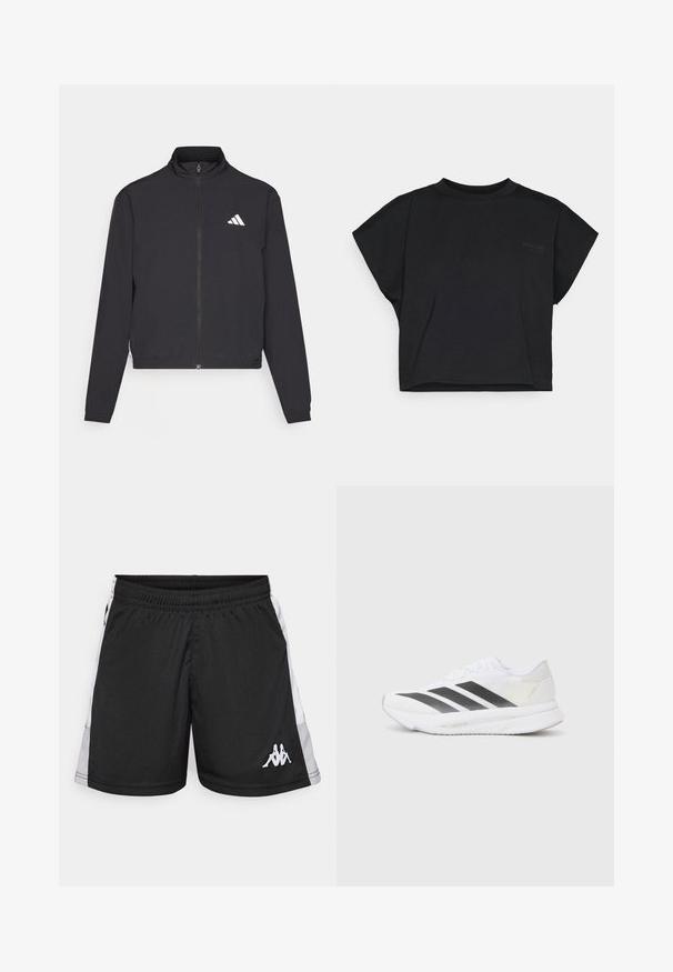 adidas Performance TRAIN ESSENTIALS 3 STRIPES WARM UP - Verryttelytakki - black/white; Musta lyhythihainen crop-top paita, joka on valmistettu pehmeästä puuvillasta. Paidan kauluksessa on pyöreä leikkaus ja siinä on hillitty logo edessä.; Mustat urheilushortsit, joissa on valkoiset sivupaneelit, joustava vyötärö ja valkoinen logo, joka esittää kahta istuvaa hahmoa vasemmassa alalaidassa.; Valkoinen urheilukenkä, jossa on mustat viistot raidat, verkkosukka, pyöreä kärki ja teksturoitu pohja. Koristeina ovat hopeinen kantapää ja minimalistinen muotoilu.