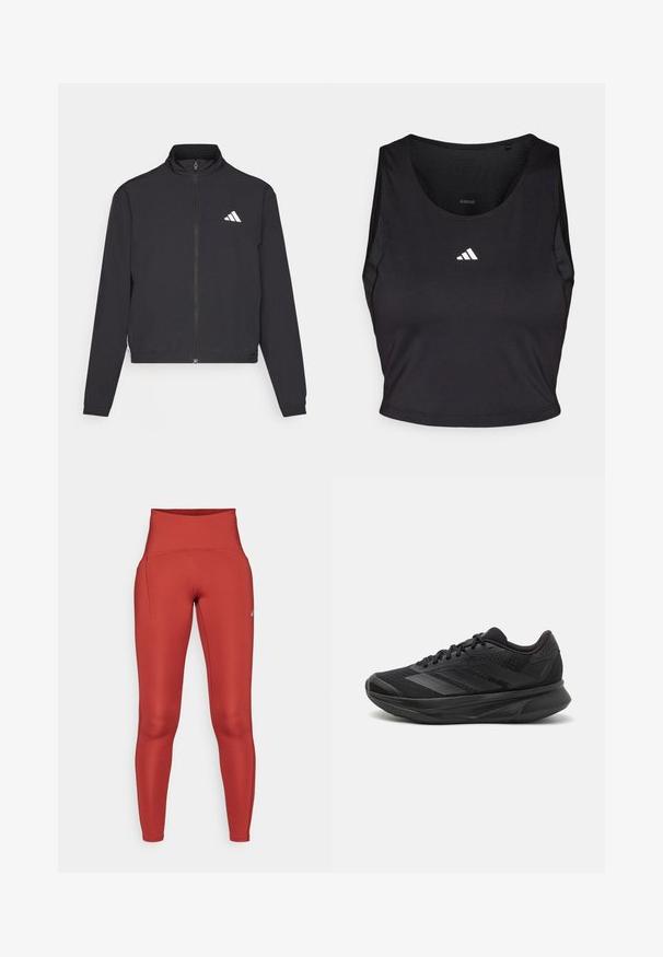 adidas Performance TRAIN ESSENTIALS 3 STRIPES WARM UP - Training jacket - black/white; Black sports crop top made from moisture-wicking fabric, featuring a round neck, sleeveless design, and white logo on the chest.; High-waisted, form-fitting leggings in a rich red fabric, featuring flat seams and a side pocket for convenience. Smooth texture, stretchy material.; Black running shoe with a breathable mesh upper, rounded toe, sleek design, textured accents, and a cushioned sole for comfort.