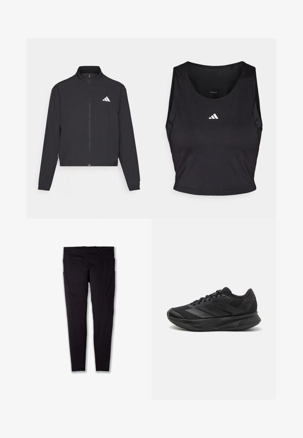 adidas Performance TRAIN ESSENTIALS 3 STRIPES WARM UP - Training jacket - black/white; Black sports crop top made from moisture-wicking fabric, featuring a round neck, sleeveless design, and white logo on the chest.; Black athletic leggings with a high waist, made of stretchy fabric, featuring side pockets and flat seams for a smooth fit.; Black running shoe with a breathable mesh upper, rounded toe, sleek design, textured accents, and a cushioned sole for comfort.
