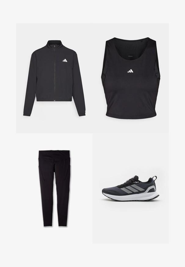 adidas Performance TRAIN ESSENTIALS 3 STRIPES WARM UP - Trainingsvest - black/white; Zwarte sportcrop top gemaakt van vochtregulerende stof, met een ronde hals, mouwloos ontwerp en wit logo op de borst.; Zwarte sportlegging met een hoge taille, gemaakt van rekbare stof, met zijzakken en platte naden voor een soepele pasvorm.; Zwarte sportieve sneaker met een bovenwerk van mesh, witte tussenzool, een gestructureerde rubberen zool en drie grijze strepen aan de zijkant. Heeft veters en een trekhaak.