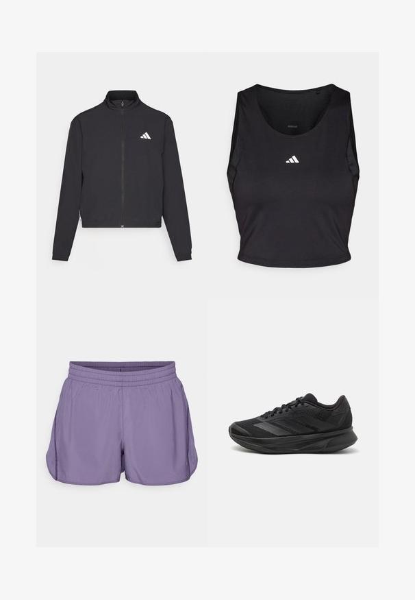 adidas Performance TRAIN ESSENTIALS 3 STRIPES WARM UP - Training jacket - black/white; Black sports crop top made from moisture-wicking fabric, featuring a round neck, sleeveless design, and white logo on the chest.; Lavender athletic shorts featuring an elastic waistband, side slits, and smooth, lightweight fabric. Simple design with no additional accents.; Black running shoe with a breathable mesh upper, rounded toe, sleek design, textured accents, and a cushioned sole for comfort.