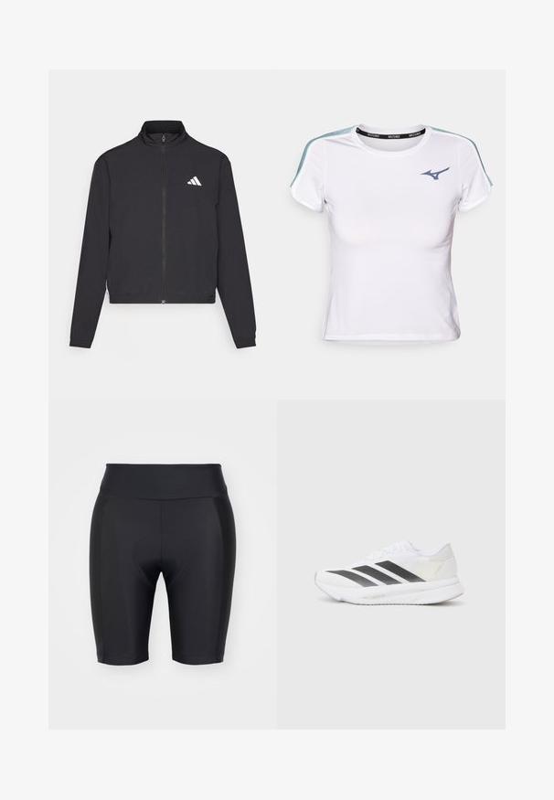 adidas Performance TRAIN ESSENTIALS 3 STRIPES WARM UP - Training jacket - black/white; White athletic t-shirt with a fitted design, short sleeves, contrasting blue shoulder accents, and a black band featuring the brand name.; Black bike shorts made from stretchy material. Features a high waistband and a padded circular detail at the center front. Smooth texture.; White athletic shoe with black diagonal stripes, mesh upper, rounded toe, and textured sole. Accents include a silver heel and minimalistic design.
