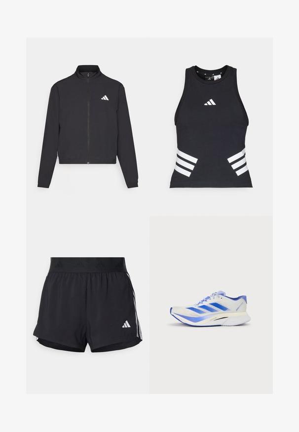adidas Performance TRAIN ESSENTIALS 3 STRIPES WARM UP - Training jacket - black/white; Black athletic tank top with a round neckline, featuring a white logo on the chest and white striped accents on the sides. Smooth fabric texture.; Black athletic shorts with an elastic waistband, featuring a textured band, side stripes, and a white Adidas logo on the lower hem.; Lightweight running shoe in white mesh with blue accents. Features a sleek design, cushioned sole, and three blue diagonal stripes on the side.