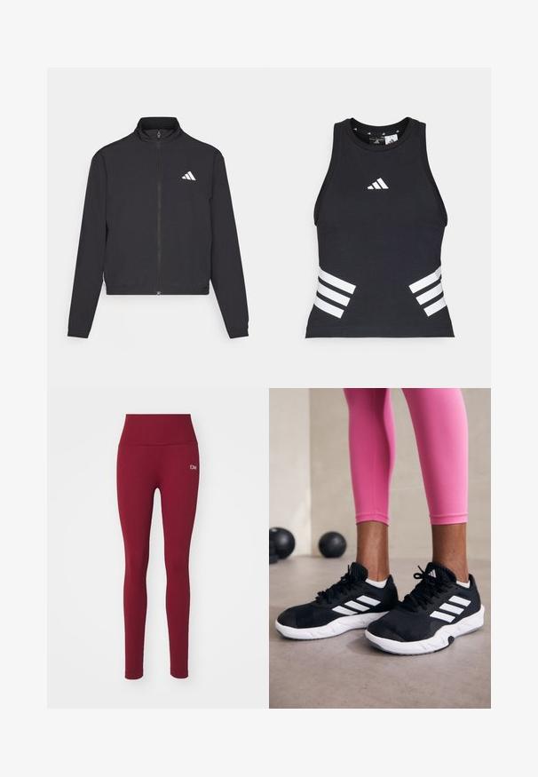 adidas Performance TRAIN ESSENTIALS 3 STRIPES WARM UP - Treniņjaka - black/white; Melnā sportiskā topa ar apaļu kakla izgriezumu, uz krūtīm ir balts logotips un baltas svītras malās. Gluda auduma tekstūra.; Bordo legingi, kas izgatavoti no ribota auduma, ar augstu jostasvietu un nelielu baltu logo sānos. Gluda tekstūra un pieguļoša forma.; Melnas sporta kurpes ar baltām svītrām, teksturēta sieta augšdaļa un balta zole. Nēsātas ar rozā legingiem, demonstrējot treniņu apģērbu.