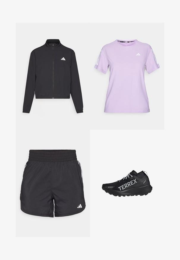 adidas Performance TRAIN ESSENTIALS 3 STRIPES WARM UP - Treniņjaka - black/white; Lilac īsām piedurknēm sporta krekls, izgatavots no elpojoša auduma, ar apaļu kakla izgriezumu, fakturētu virsmu un trim baltām svītrām uz pleciem.; Melnas sporta bikses ar elastīgu jostu, sānu kabatām un baltām svītrām uz sāniem. Izgatavotas no viegla materiāla.; Melnas sporta kurpes ar teksturētu virsu, apzīmētas ar 'TERREX' zīmolu, ar auklēm un izturīgu zoli, kas nodrošina saķeri.