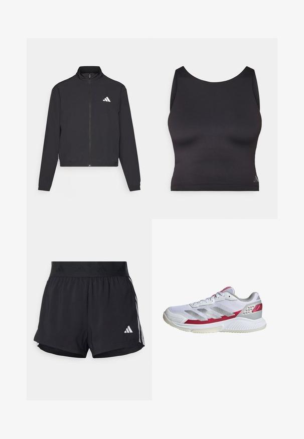 adidas Performance TRAIN ESSENTIALS 3 STRIPES WARM UP - Sportinė striukė - black/white; Juodas sportinis trumpas viršus, pagamintas iš glotnaus, tamprių audinių, su apvaliu iškirpimu ir be rankovių dizainu. Yra subtilus logotipo detalė.; Juodos sportinės šortai su elastinga juosta, su tekstūruota juosta, šoninėmis juostelėmis ir baltu Adidas logotipu apatinėje dalyje.; Balti sportiniai batai su tinkline viršutine dalimi, sidabrinėmis juostelėmis, rožiniais akcentais ir tekstūruotu padu. Su paminkštintu apvadu ir perforuotais detalėmis.
