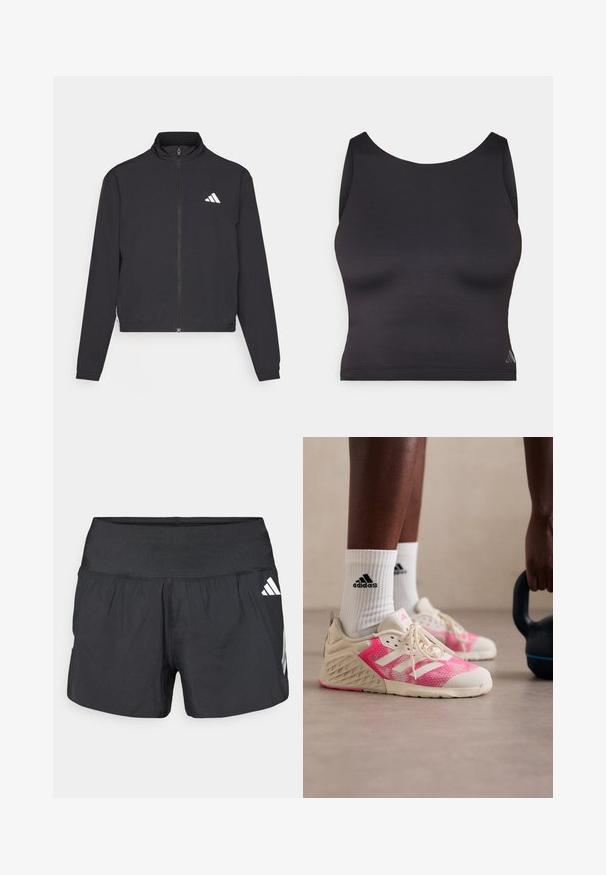 adidas Performance TRAIN ESSENTIALS 3 STRIPES WARM UP - Trainingsjacke - black/white; Schwarzes sportliches Crop-Top aus glattem, elastischem Material mit runder Ausschnittform und ärmellosem Design. Mit dezentem Logo-Detail.; Schwarze Sportshorts mit einem breiten elastischen Bund, leichtem Stoff und weißen Logoakzenten an der unteren Seite.; Leichte Sportschuhe mit einem pinkfarbenen Mesh-Obermaterial, beigen Akzenten und weißen Schnürsenkeln. Texturierte Sohle mit schwarzer Markenverzierung auf den Socken.