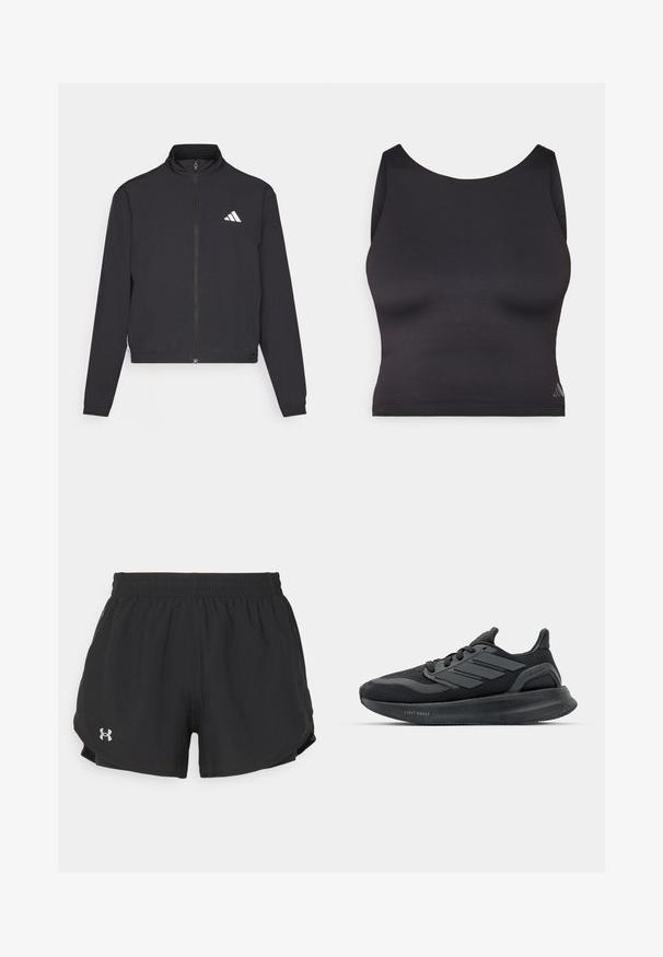 adidas Performance TRAIN ESSENTIALS 3 STRIPES WARM UP - Tréning dzseki - black/white; Fekete sportos crop top sima, rugalmas anyagból, kerek nyakkivágással és ujjatlan kialakítással. Finom logórészlet jellemzi.; Fekete sportnadrág elasztikus derékkal, oldalsó zsebekkel és egy kis ezüst logóval a bal alsó oldalon. Simaság és könnyű kialakítás jellemzi.; Fekete sportcipők hálós felsőrészsel, texturált panelek, három csík részlet és ívelt talp, amelyen a "LIGHT BOOST" felirat található.