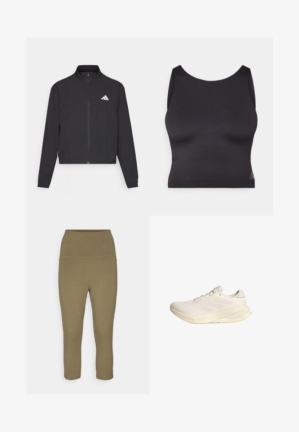 adidas Performance TRAIN ESSENTIALS 3 STRIPES WARM UP - Training jacket - black/white; Black athletic crop top made of smooth, stretch fabric with a round neckline and sleeveless design. Features subtle logo detail.; Olive green capri leggings made of soft, stretchy fabric; features a wide waistband for support and seamless design for comfort.; Light beige athletic shoe with a mesh upper, flat laces, and a cushioned sole. Features three stripes design on the lateral side.