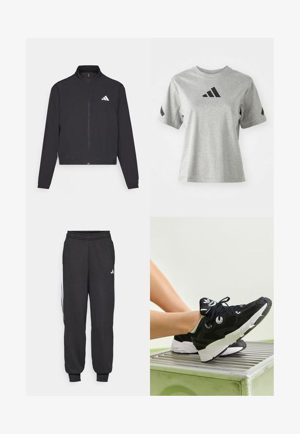 adidas Performance TRAIN ESSENTIALS 3 STRIPES WARM UP - Trainingsjacke - black/white; Grauer Rundhalsausschnitt T-Shirt aus weichem Stoff, mit einem schwarzen Adidas-Logo auf der Brust und schwarzen Akzenten an den Ärmeln.; Schwarze Sporthosen mit einem elastischen Bund, schmal zulaufenden Knöcheln und weißen Seitenstreifen. Hergestellt aus weichem Stoff mit einer glatten Textur.; Schwarze sportliche Sneakers mit einem Obermaterial aus Mesh und Synthetik, weißer Zwischensohle und runden Ösen. Ausgestattet mit einem markierten Zungenlogo und einer dicken Gummisohle.