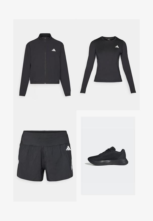 adidas Performance TRAIN ESSENTIALS 3 STRIPES WARM UP - Trainingsvest - black/white; Zwart sportshirt met lange mouwen, gemaakt van glad, rekbaar materiaal. Bevat een wit logo op de borst. Strakke pasvorm met ronde hals.; Zwarte sportshorts met een brede elastische tailleband, lichtgewicht stof en witte logo-accenten aan de onderkant zijkant.; Zwarte sportschoenen met een bovenwerk van gaas, een gestructureerd oppervlak en een gevormde tussenzool voor ondersteuning. Voorzien van traditionele veters en een gevoerde hiel.