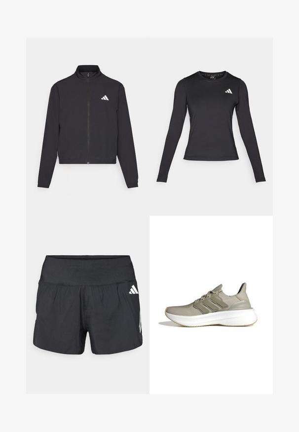 adidas Performance ESSENTIALS 3 STRIPES czarny; Czarna, długa koszulka sportowa z długim rękawem, wykonana z gładkiego, elastycznego materiału. Posiada białe logo na piersi. Dopasowany krój z okrągłym dekoltem.; Czarne spodenki sportowe z szerokim elastycznym pasem, lekkim materiałem i białymi akcentami logo na dolnej stronie.; Jasnoszare buty sportowe z siateczkowymi wstawkami, trzema poziomymi paskami, wyściełanym kołnierzem i białą teksturowaną podeszwą środkową. Gumowa podeszwa.