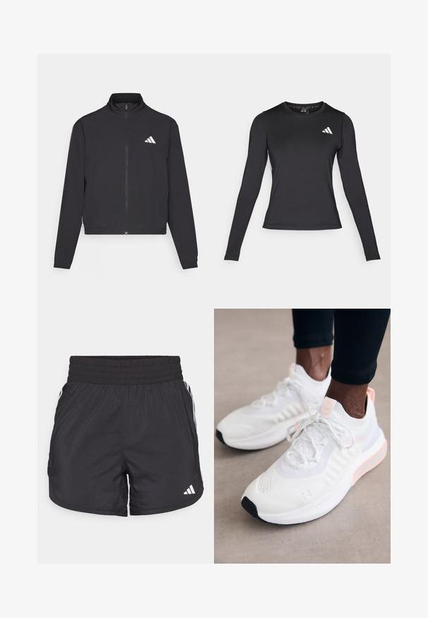 adidas Performance TRAIN ESSENTIALS 3 STRIPES WARM UP - Treniņjaka - black/white; Melnas garās piedurknes sporta krekls, kas izgatavots no gluda, elastīga materiāla. Uz krūtīm ir balta logo. Pieguļošs dizains ar apaļu kakla izgriezumu.; Melnas sporta bikses ar elastīgu jostu, sānu kabatām un baltām svītrām uz sāniem. Izgatavotas no viegla materiāla.; Under Armour PHANTOM 4 - Treniņu apavi - white