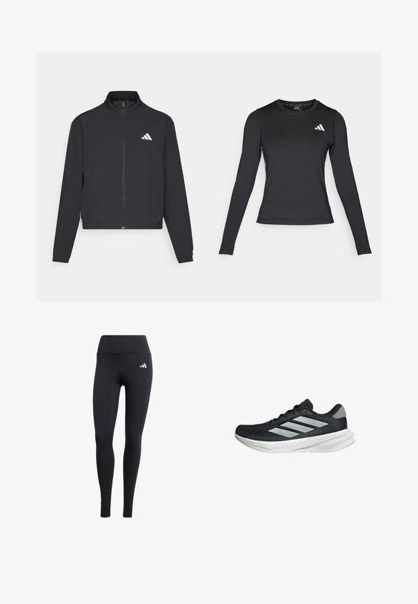 adidas Performance TRAIN ESSENTIALS 3 STRIPES WARM UP - Training jacket - black/white; Black long-sleeve athletic shirt made of smooth, stretchy material. Features a white logo on the chest. Fitted design with round neckline.; Black leggings made of stretchy material, featuring a high waistband and a small white logo, with a smooth, matte finish.; Black running shoe with mesh upper, three silver stripes, white midsole, and textured outsole. Features padded collar and lace closure.
