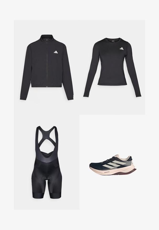adidas Performance TRAIN ESSENTIALS 3 STRIPES WARM UP - Jakna za treniranje - black/white; Crna dugačka sportska majica s dugim rukavima od glatkog, rastezljivog materijala. Ima bijeli logo na prsima. Prilagođenog kroja s okruglim izrezom.; Crne biciklističke šorts hlače s prilagođenim krojem, teksturiranim gornjim dijelom i podstavljenim sjedalom. Ima unakrsne naramenice i bez vidljivih logotipa.; Tenisice za trčanje s tamnoplavom mrežastom gornjom partijom, svijetlosmešnim đonom i bijelim trostrukim prugama. Odlikuju se elegantnim, aerodinamičnim oblikom i teksturiranim detaljima.