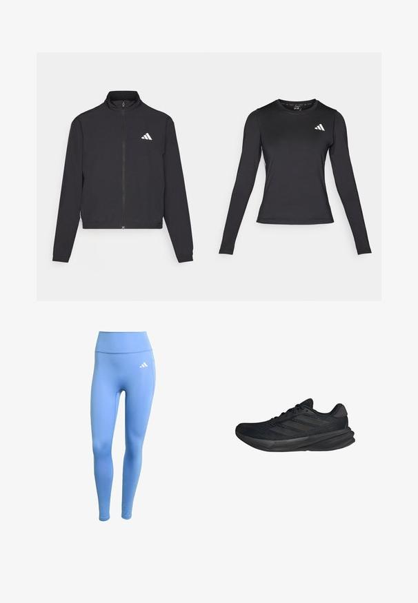 adidas Performance TRAIN ESSENTIALS 3 STRIPES WARM UP - Training jacket - black/white; Black long-sleeve athletic shirt made of smooth, stretchy material. Features a white logo on the chest. Fitted design with round neckline.; Blue athletic leggings made from stretchy fabric. High-waisted design, featuring a white Adidas logo on the left side. Smooth texture.; Black athletic shoes with a mesh upper, streamlined shape, flat sole, and three diagonal stripes on the side. Lightweight design for comfort.