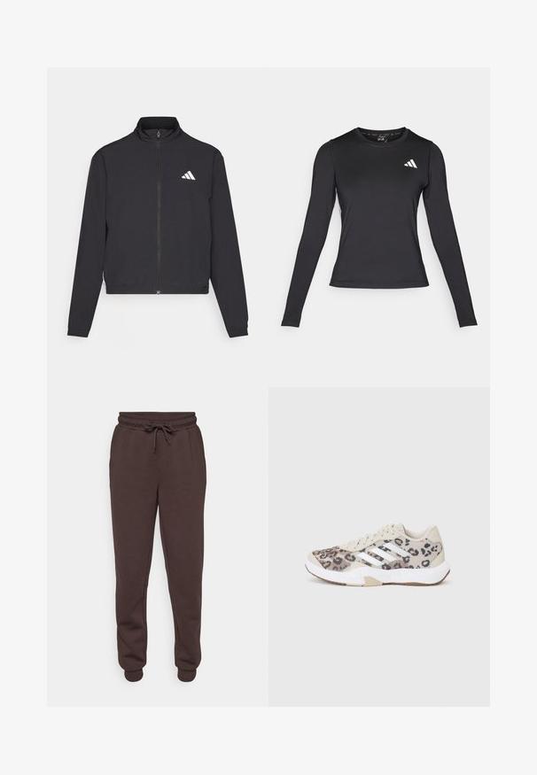 adidas Performance TRAIN ESSENTIALS 3 STRIPES WARM UP - Training jacket - black/white; Black long-sleeve athletic shirt made of smooth, stretchy material. Features a white logo on the chest. Fitted design with round neckline.; Brown sweatpants with an elastic waistband and drawstring. Features side pockets and ribbed cuffs at the ankle. Smooth texture.; Beige athletic shoe with leopard print, white stripes, and textured upper. Features a cushioned sole and rubber outsole for grip.