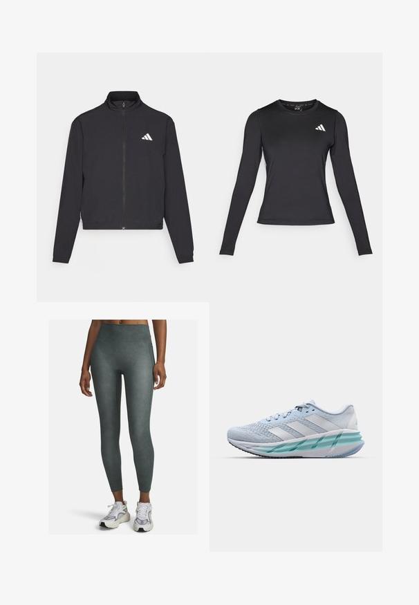 adidas Performance ESSENTIALS 3 STRIPES czarny; Czarna, długa koszulka sportowa z długim rękawem, wykonana z gładkiego, elastycznego materiału. Posiada białe logo na piersi. Dopasowany krój z okrągłym dekoltem.; Legginsy z wysokim stanem w stonowanym zielonym kolorze, wykonane z gładkiego, elastycznego materiału z bocznymi szwami i dopasowanym krojem.; Jasnoniebieskie buty sportowe z teksturowaną cholewką z dzianiny, białymi akcentami i przezroczystą zieloną podeszwą środkową. Okrągły czubek i wyściełany kołnierz.