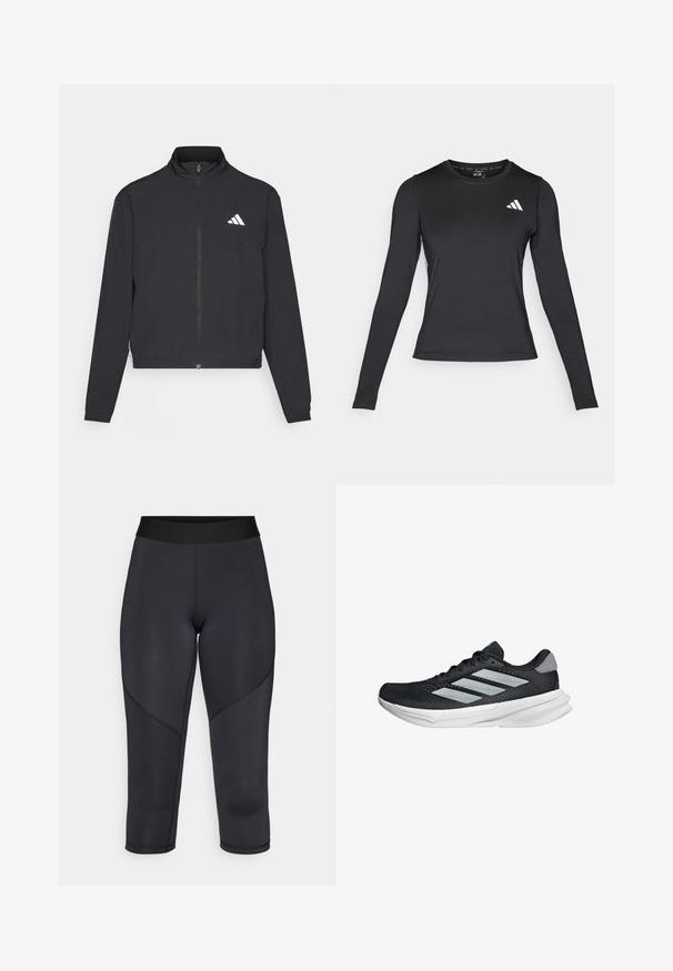 adidas Performance TRAIN ESSENTIALS 3 STRIPES WARM UP - Training jacket - black/white; Black long-sleeve athletic shirt made of smooth, stretchy material. Features a white logo on the chest. Fitted design with round neckline.; Black three-quarter length leggings made of stretchy fabric, featuring a smooth texture, high waistband, and curved seam detailing.; Black running shoe with mesh upper, three silver stripes, white midsole, and textured outsole. Features padded collar and lace closure.