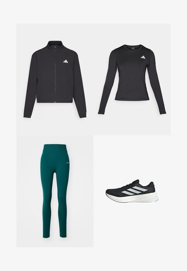 adidas Performance TRAIN ESSENTIALS 3 STRIPES WARM UP - Training jacket - black/white; Black long-sleeve athletic shirt made of smooth, stretchy material. Features a white logo on the chest. Fitted design with round neckline.; Teal active leggings with a wide waistband, made from stretch fabric. Features a smooth texture and mesh detailing on the lower leg.; Black athletic shoe with a textured upper, featuring three white stripes on the side and a white midsole. Lightweight design, streamlined shape.
