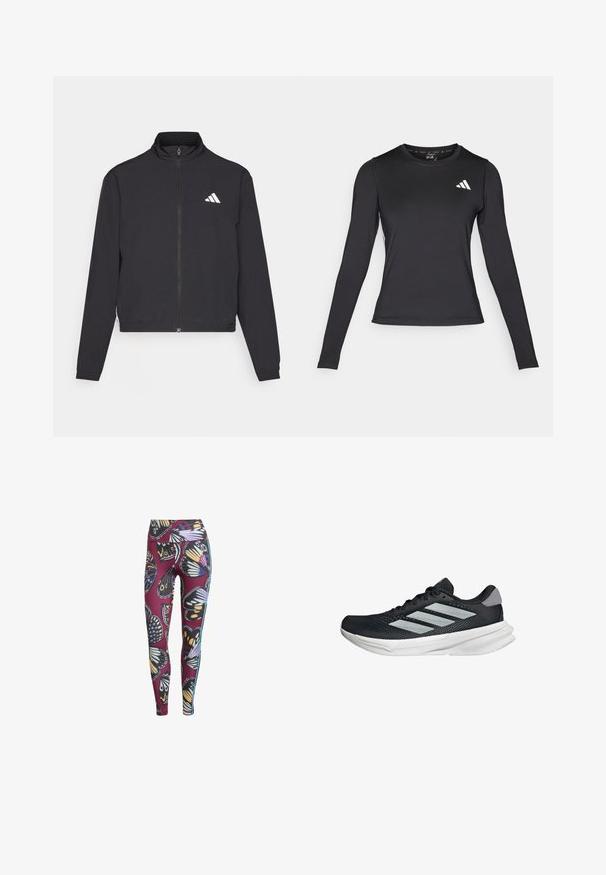 adidas Performance TRAIN ESSENTIALS 3 STRIPES WARM UP - Chaqueta de entrenamiento - black/white; Camiseta atlética de manga larga negra, hecha de un material suave y elástico. Presenta un logo blanco en el pecho. Diseño ajustado con cuello redondo.; Leggings con estampado de mariposas en color burdeos, que cuentan con una tela elástica, cintura alta y franjas laterales en contraste para un detalle adicional.; Zapatilla de correr negra con parte superior de malla, tres franjas plateadas, media suela blanca y suela texturizada. Incluye un cuello acolchado y cierre de cordones.