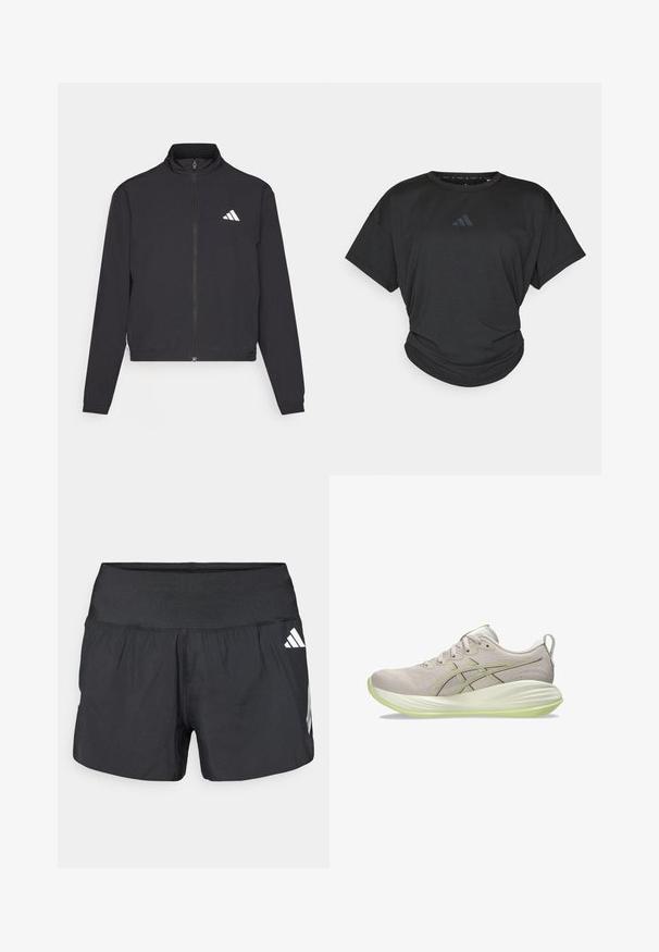 adidas Performance TRAIN ESSENTIALS 3 STRIPES WARM UP - Giacca sportiva - black/white; T-shirt atletica nera con maniche corte, scollatura rotonda e orlo leggermente arricciato. Presenta un sottile logo scuro sul petto.; Pantaloncini sportivi neri con una fascia elastica larga in vita, tessuto leggero e dettagli del logo bianco sul lato inferiore.; Scarpa sportiva grigio chiaro con parte superiore in tessuto liscio, dettagli giallo-verdi, suola texturizzata e sistema di allacciatura tradizionale.