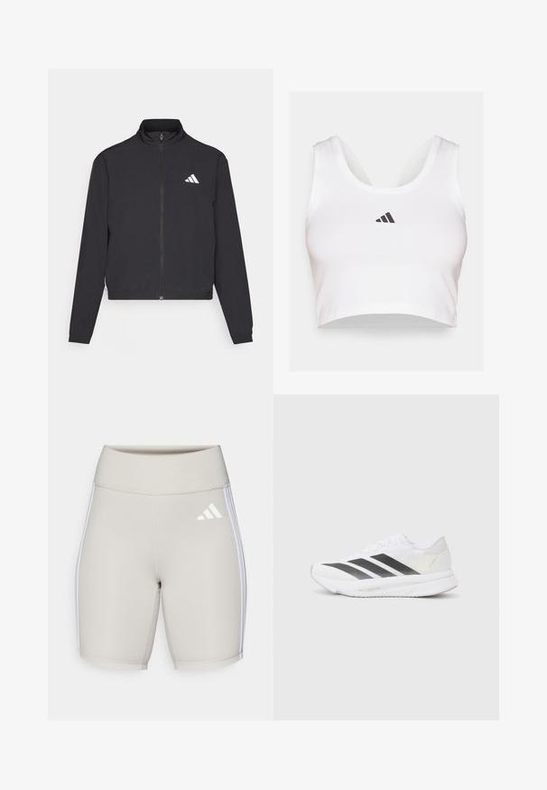 adidas Performance TRAIN ESSENTIALS 3 STRIPES WARM UP - Casaco de treino - black/white; Top cropped branco feito de tecido macio, com decote redondo e um logo preto da Adidas na frente. Textura suave, design sem mangas.; Calções atléticos bege com uma cintura alta, textura suave, três riscas brancas nas laterais e um pequeno logotipo branco na parte da frente.; Shoe atlético branco com riscas diagonais pretas, parte superior em malha, bico arredondado e sola texturizada. Os destaques incluem um calcanhar prateado e um design minimalista.