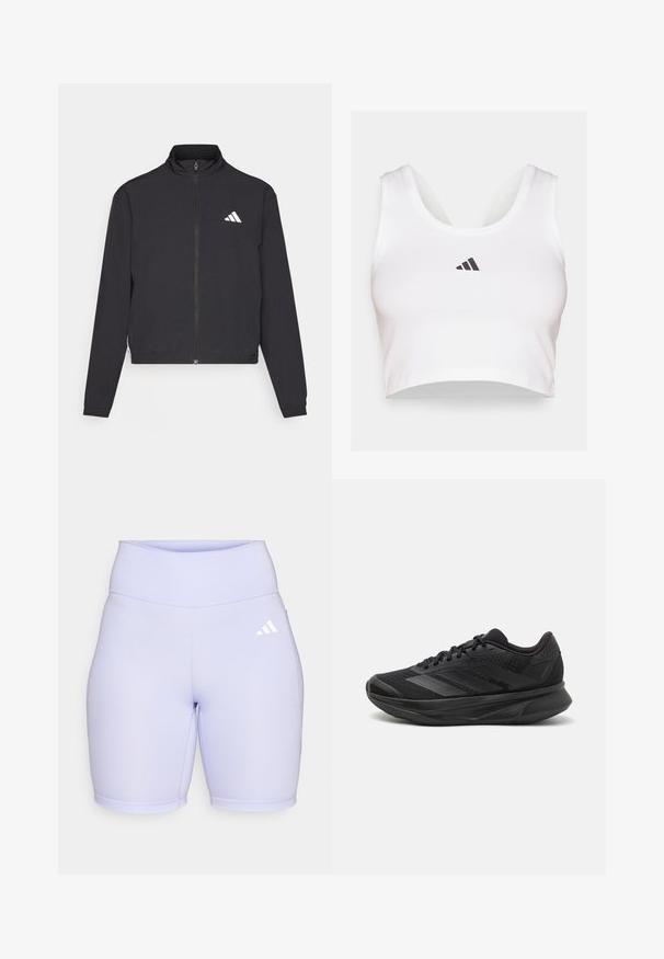 adidas Performance TRAIN ESSENTIALS 3 STRIPES WARM UP - Training jacket - black/white; White crop top made of soft fabric, featuring a round neckline and a black Adidas logo on the front. Smooth texture, sleeveless design.; Lilac bike shorts made of smooth, stretchy fabric. High waistband with flat seams and a white Adidas logo on the left side.; Black running shoe with a breathable mesh upper, rounded toe, sleek design, textured accents, and a cushioned sole for comfort.