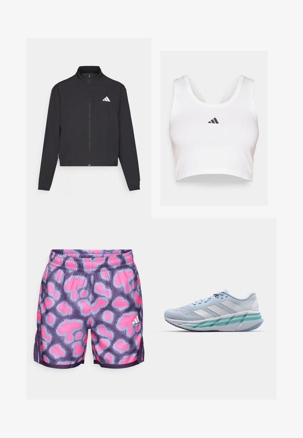 adidas Performance TRAIN ESSENTIALS 3 STRIPES WARM UP - Trainingsjacke - black/white; Weißes Crop-Top aus weichem Stoff, mit rundem Ausschnitt und schwarzem Adidas-Logo auf der Vorderseite. Glatte Textur, ärmelloses Design.; Lila Shorts mit einem Muster aus pinken und hellblauen Punkten, elastischem Bund und seitlichen Schlitzen für Belüftung. Mit einem kleinen weißen Logodetail.; Helle blaue Sportschuhe mit einem strukturierten Strickobermaterial, weißen Akzenten und einer transparenten grünen Zwischensohle. Abgerundete Zehenpartie und gepolsterter Schaft.