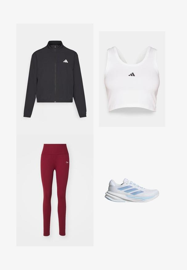 adidas Performance TRAIN ESSENTIALS 3 STRIPES WARM UP - Trainingsvest - black/white; Witte crop top van zacht materiaal, met een ronde halslijn en een zwart Adidas-logo op de voorkant. Soepele textuur, mouwloos ontwerp.; Bordeaux leggings van ribbelstof, met een hoge tailleband en een klein wit logo aan de zijkant. Gladde textuur en een aansluitende pasvorm.; Witte hardloopschoenen met lichtblauwe accenten, ademend mesh bovenwerk, drie-stripes ontwerp, gevoerde zool en getextureerde tractiezool.